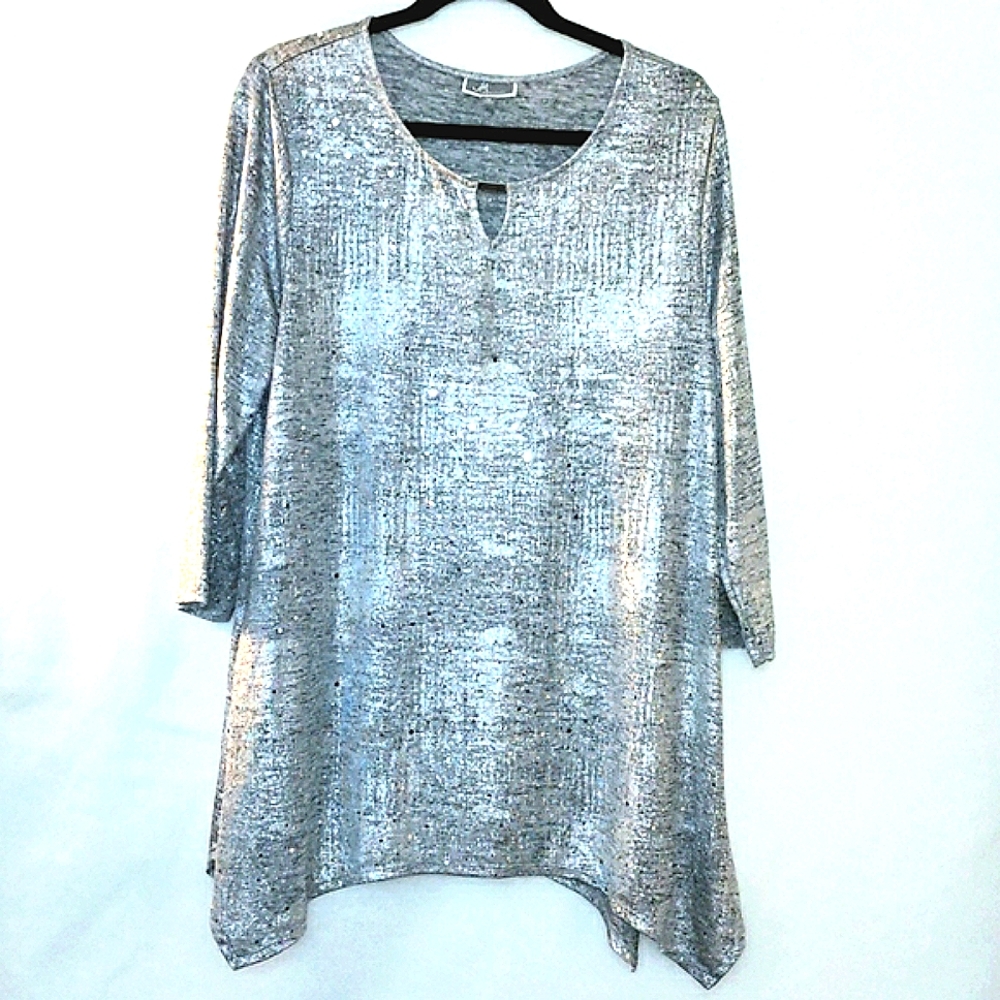 JM Collection metallic glitter silver blouse Tunic top women size XL lightweigh